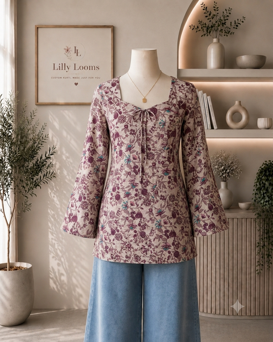 Mauve Floral Cotton Short Kurti