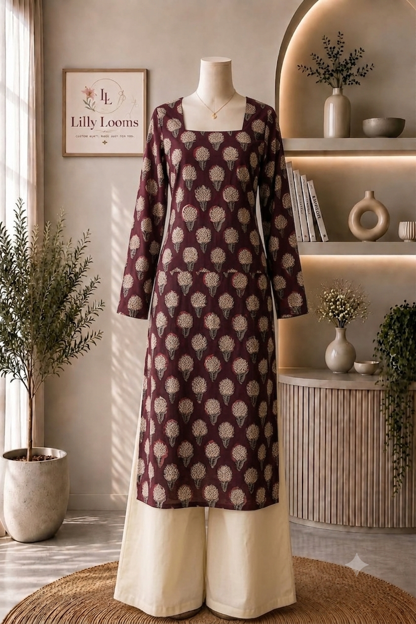 Wine Cotton Long Straight Kurti