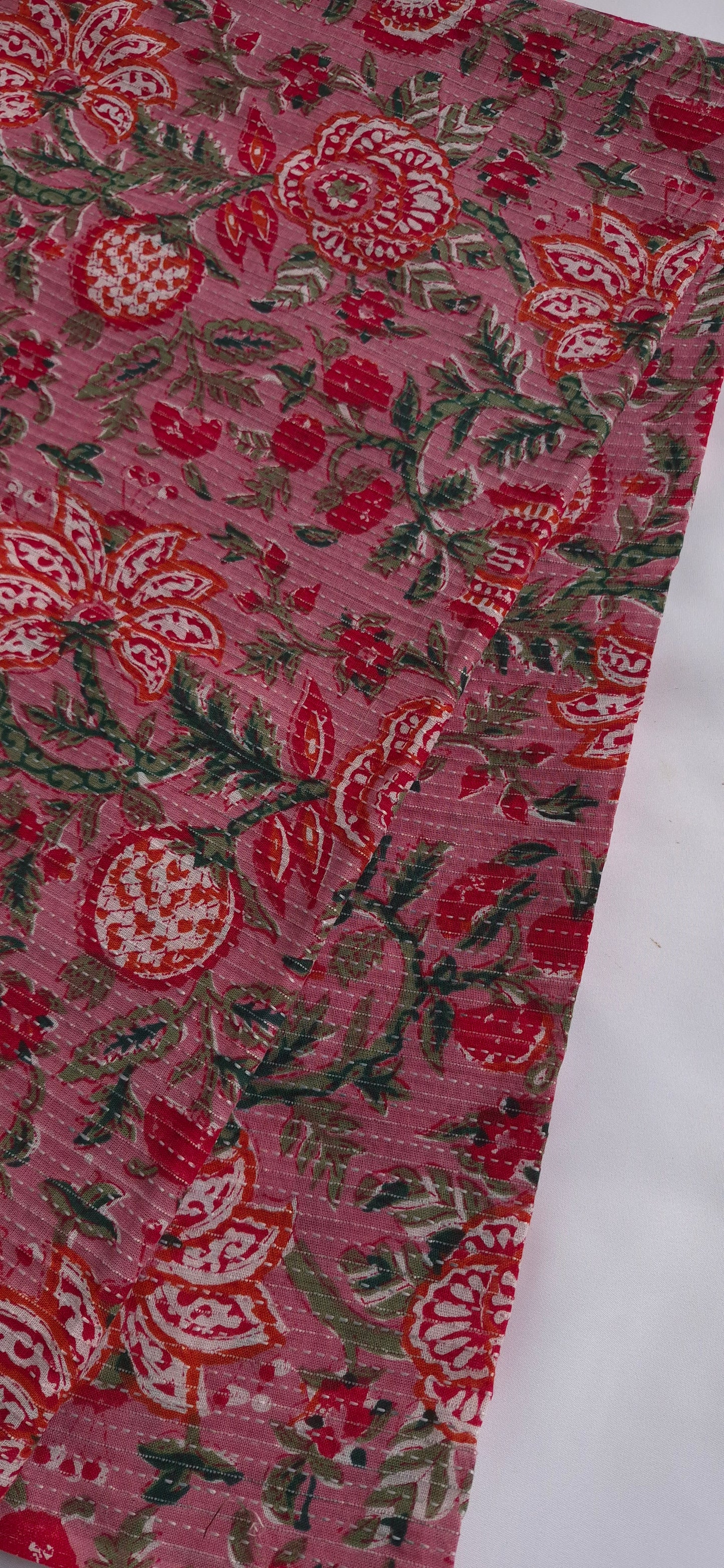 Pink Floral Cotton Kantha Long Straight Kurti
