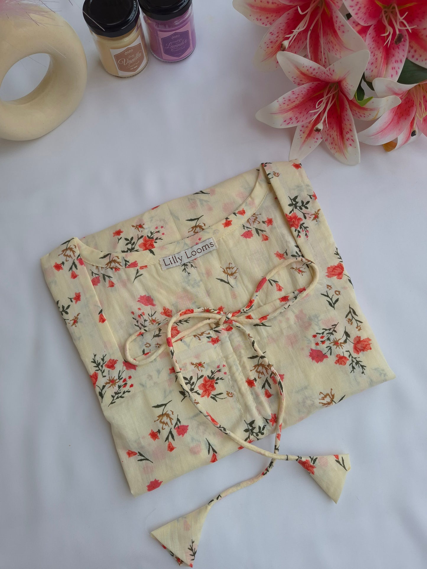 Tie-Up Ivory Blossom Soft Cotton Short Kurti With Corset Back