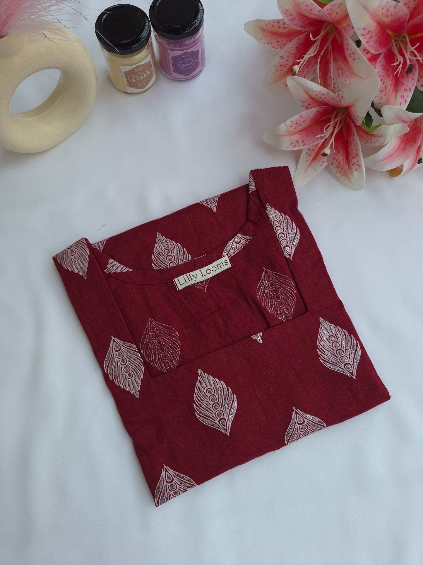 Maroon Leaf Cotton Short Kurti With Corset Back
