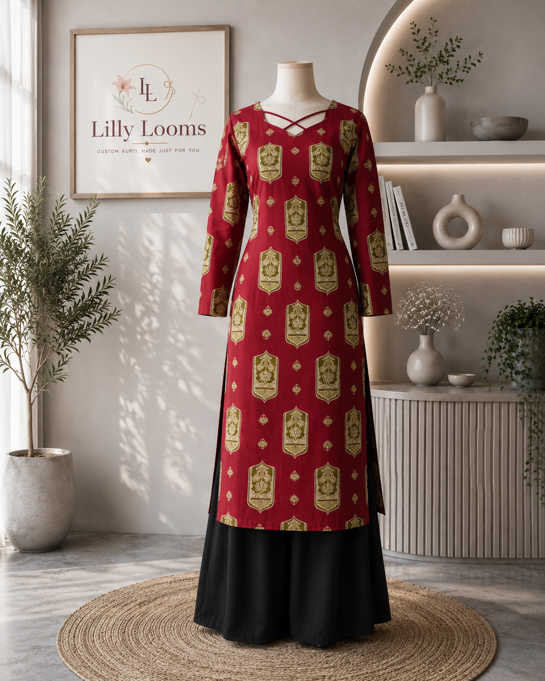 Red Cotton Long Straight Kurti