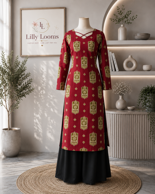 Red Cotton Long Straight Kurti