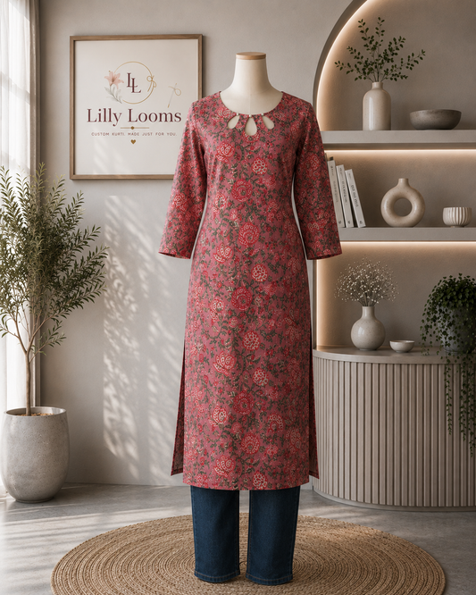Pink Floral Cotton Kantha Long Straight Kurti