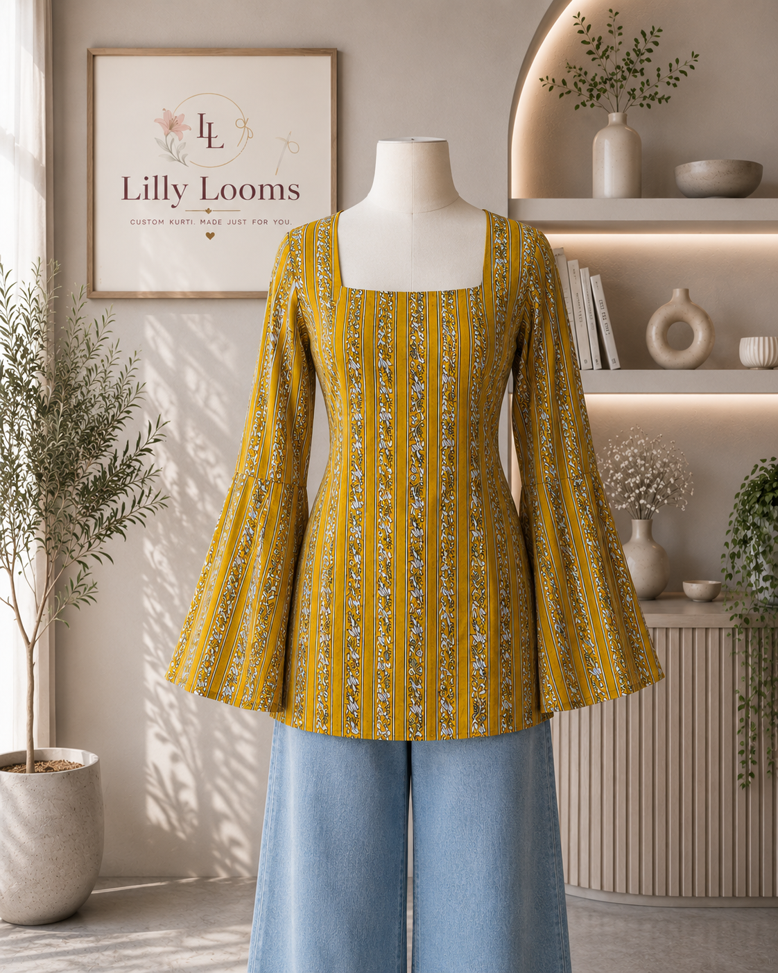 Mustard Stripe Cotton Short Kurti