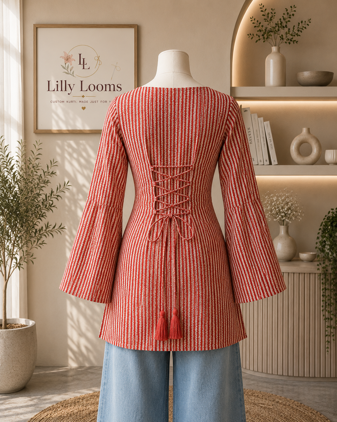 Red Striped Tie-Up Cotton Short Kurti with Corset Back