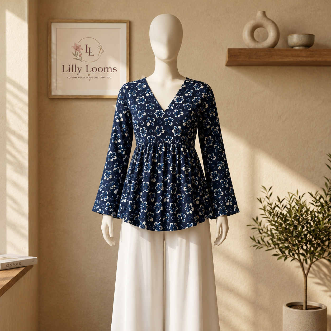 Navy Blue Floral Cotton Peplum Top
