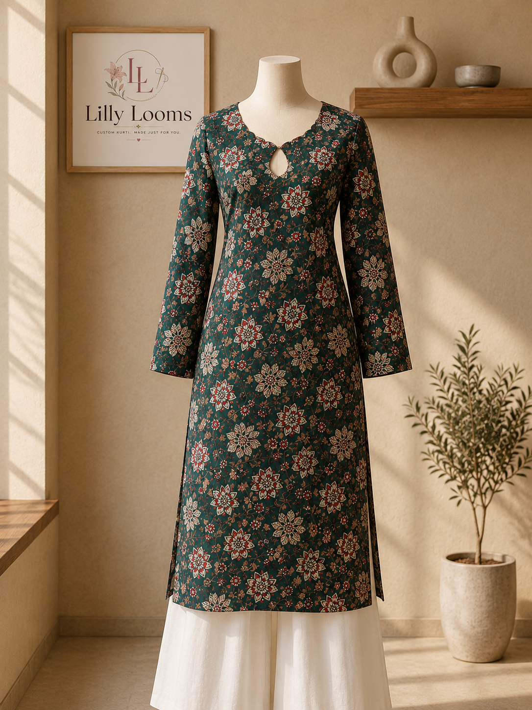 Green Floral Cotton Long Kurti