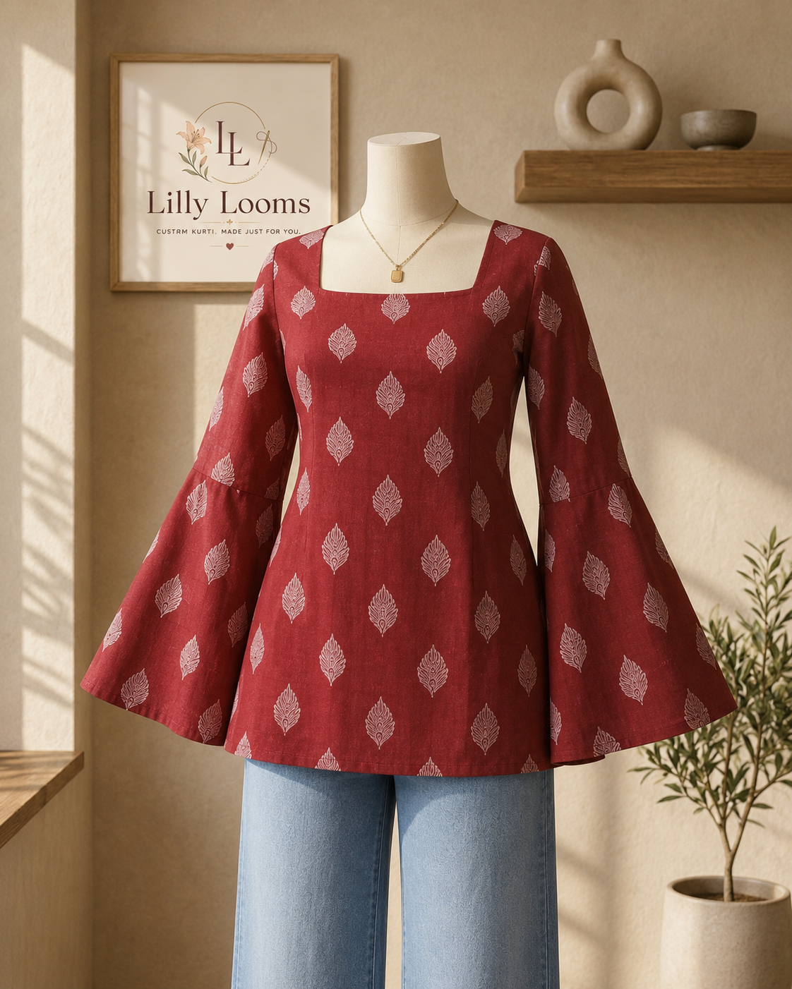 Maroon Leaf Cotton Short Kurti