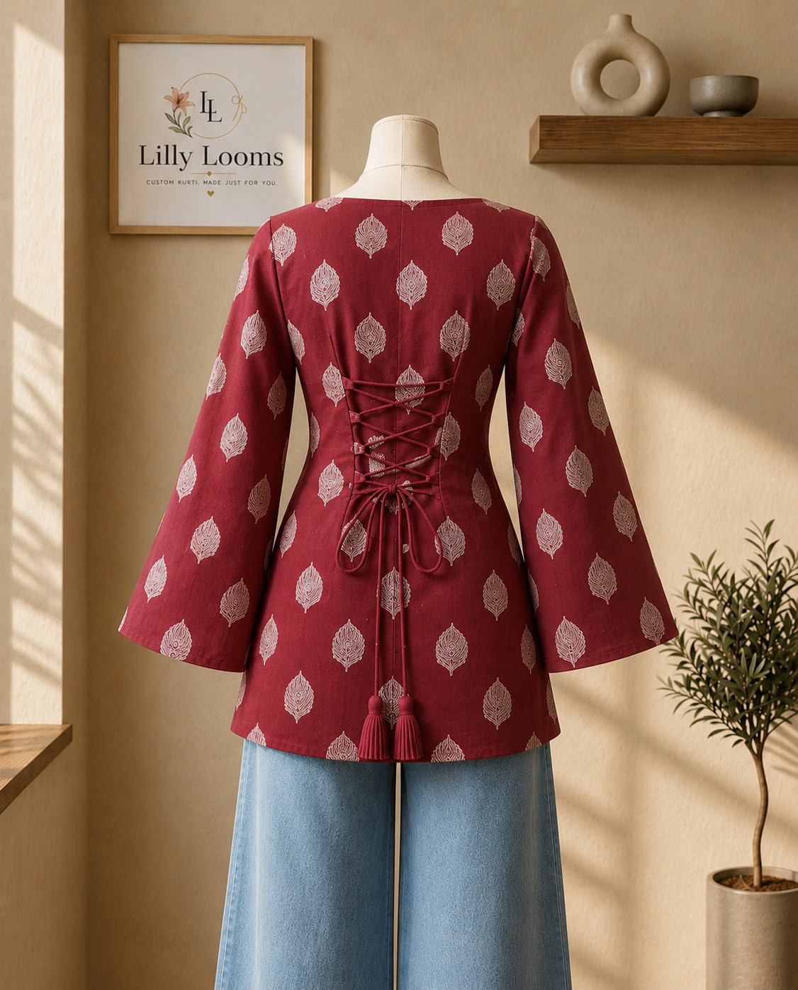 Maroon Leaf Cotton Short Kurti
