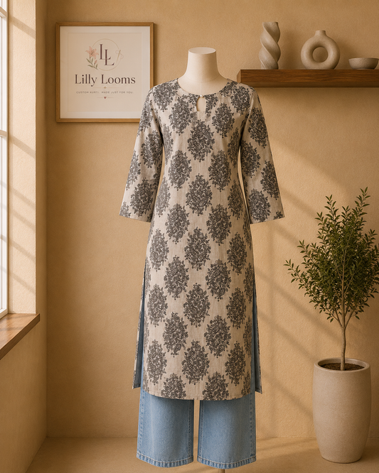 Handblock Printed Cotton Long Straight Kurti