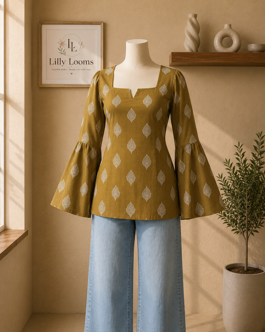 Mustard Olive Leaf Cotton Short Kurti