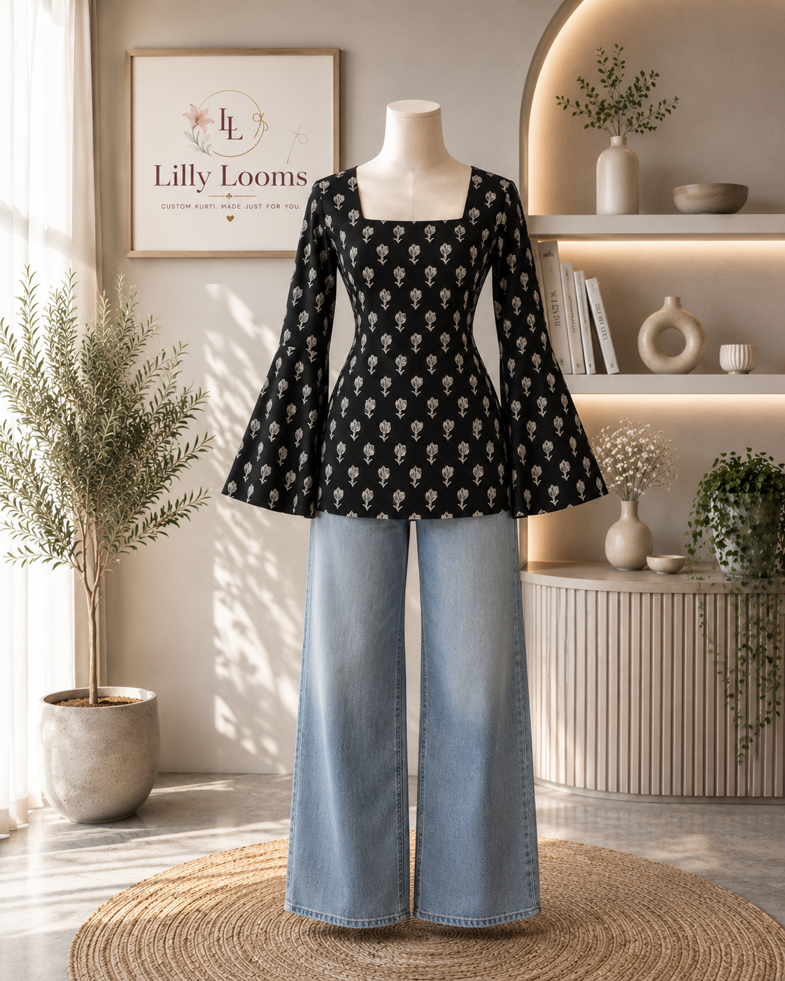 Black Cotton Short Kurti With Corset Back