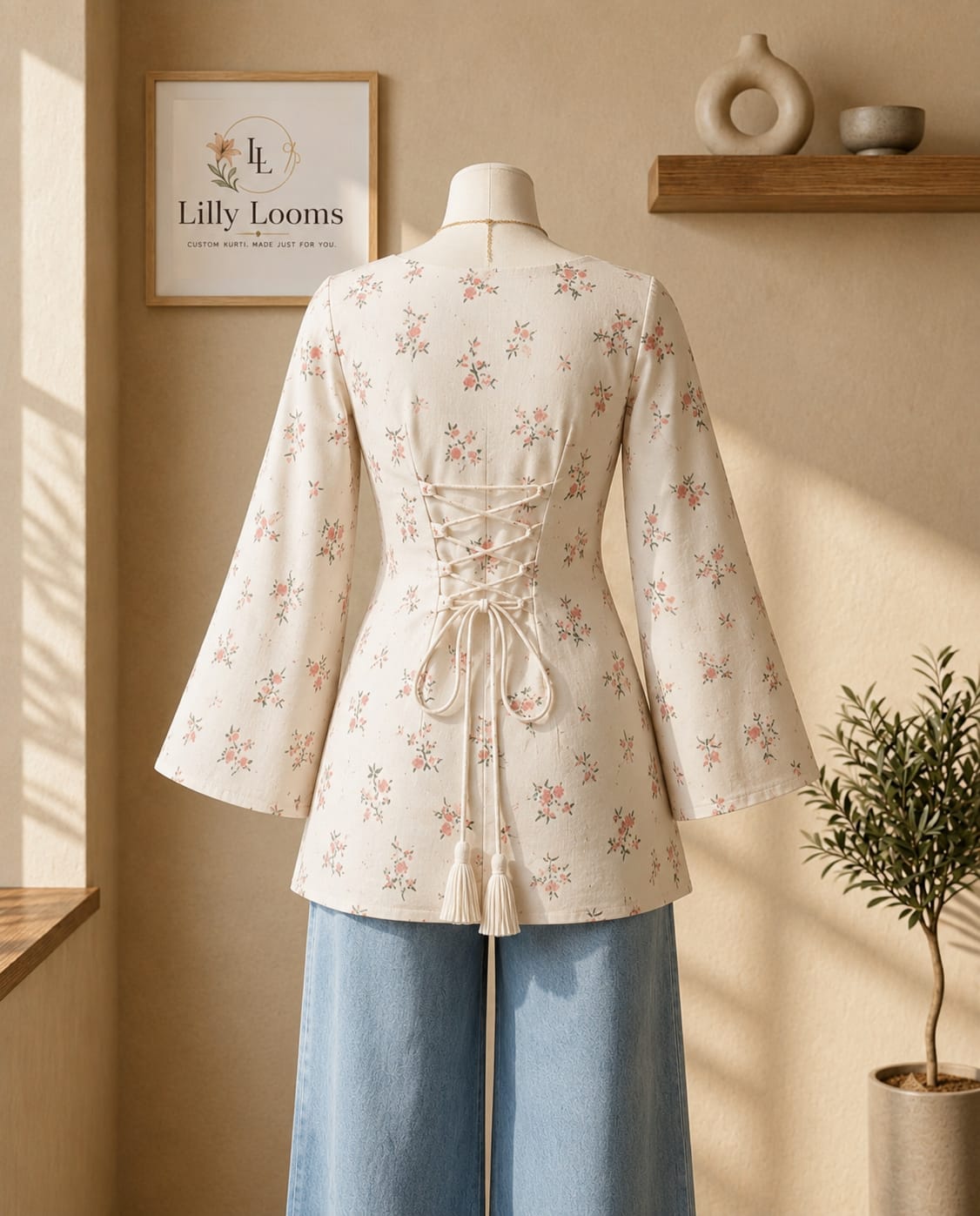 Tie-Up Ivory Blossom Soft Cotton Short Kurti