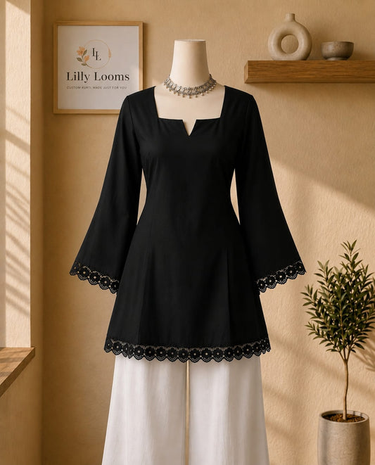 Black Cotton Lace Short Kurti