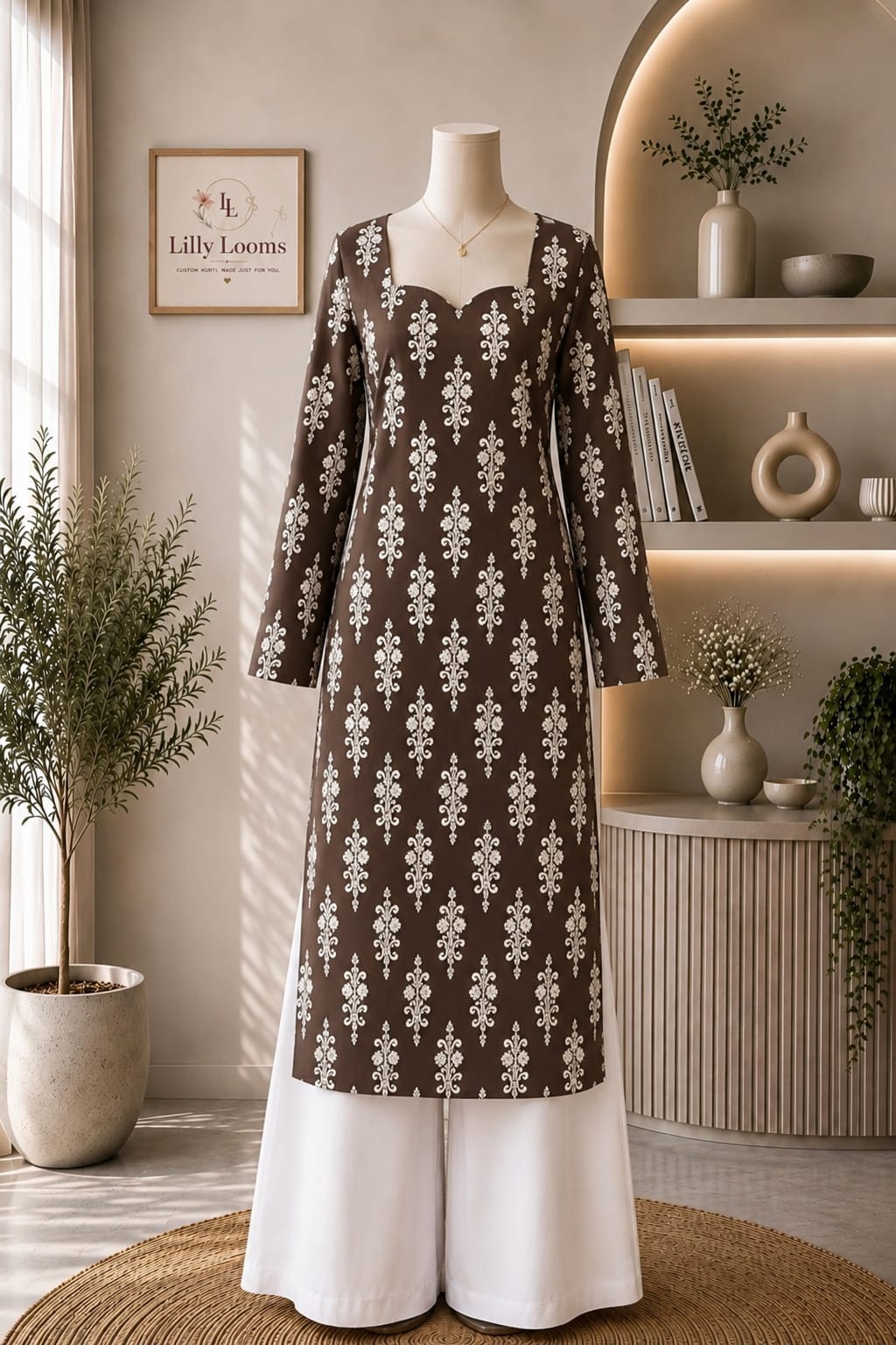 Coffee Brown Cotton Long Straight Kurti