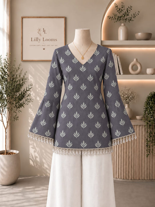 Grey Cotton Short Kurti With Crystal Lace