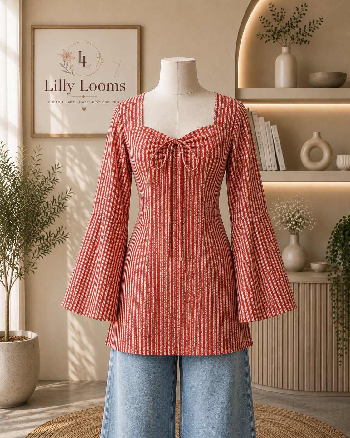 Red Striped Tie-Up Cotton Short Kurti with Corset Back