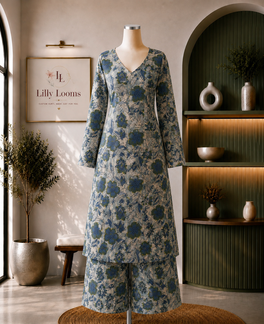 Azure Bloom Handblock Printed Floral Cotton Co-ord Set