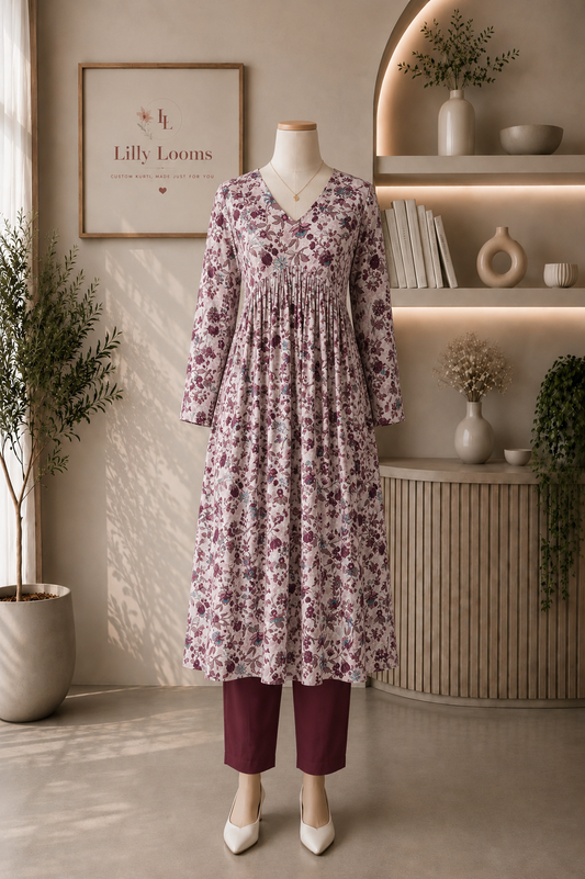 Wine Floral Cotton Alia Cut Kurti