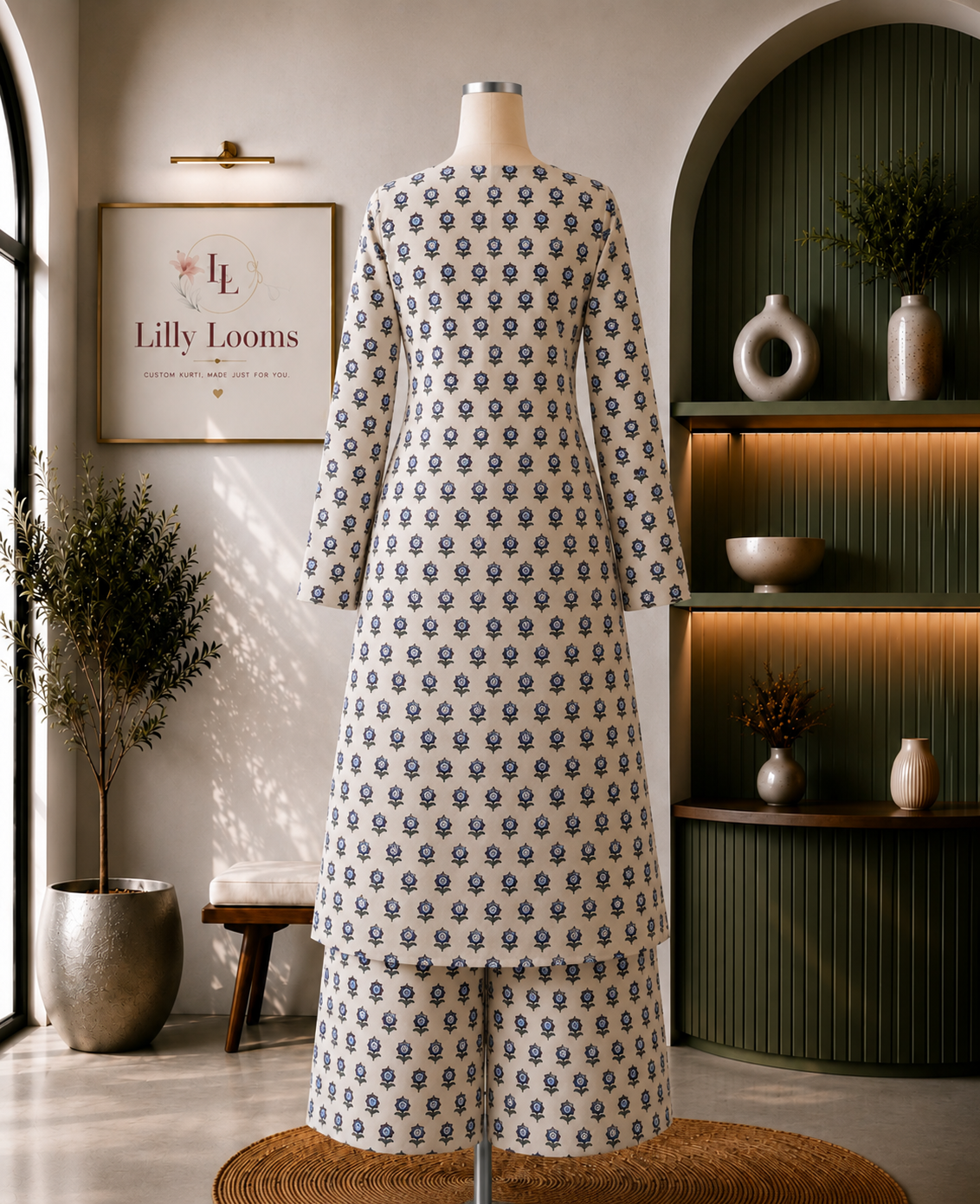 White Blue Small Flower Printed Cotton Co-ord Set