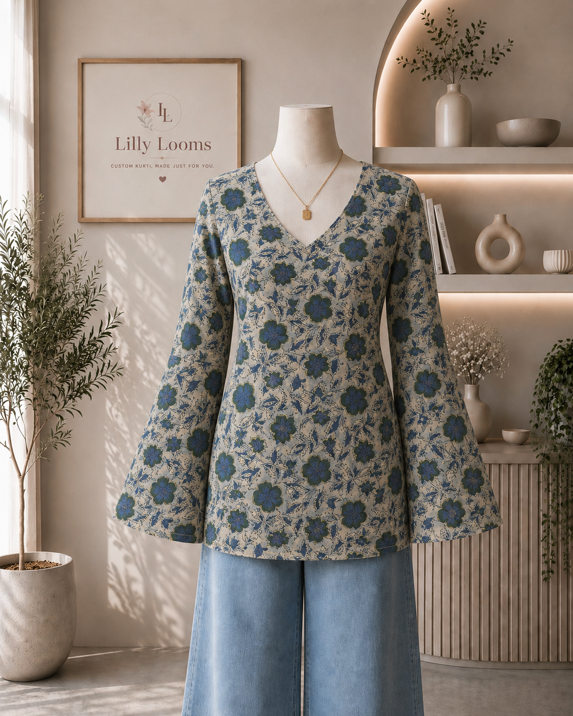 Azure Bloom Handblock Printed Cotton Short Kurti