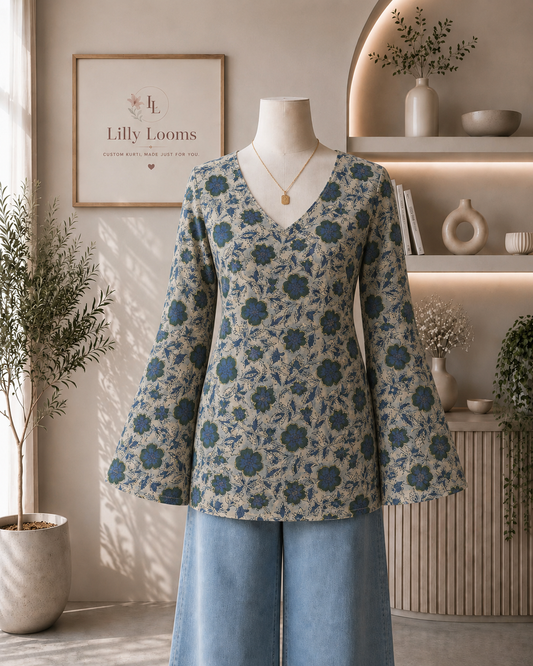 Azure Bloom Handblock Printed Cotton Short Kurti