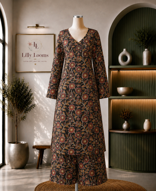 Black Kalamkari Handblock Printed Cotton Co-ord Set