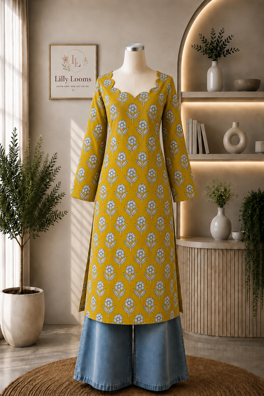 Mustard Cotton Long Straight Kurti
