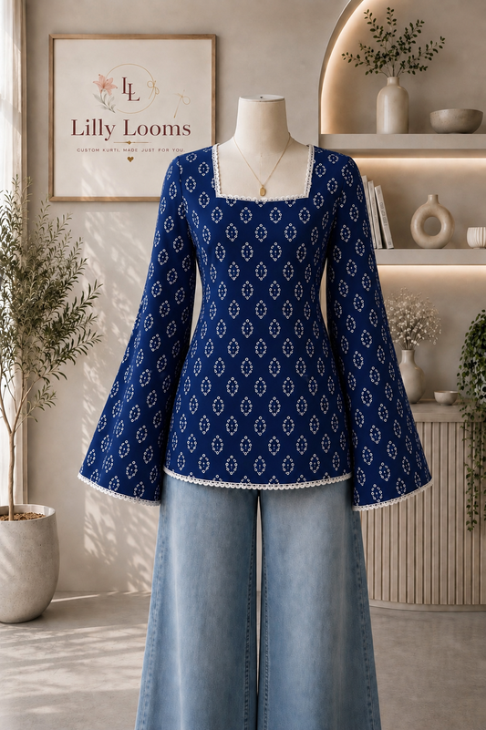 Deep Blue Bandhej Cotton Short Kurti With Lace