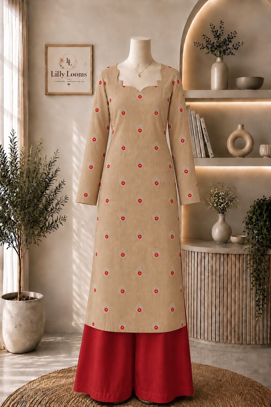 Beige Chanderi Silk Long Straight Kurti With Lining