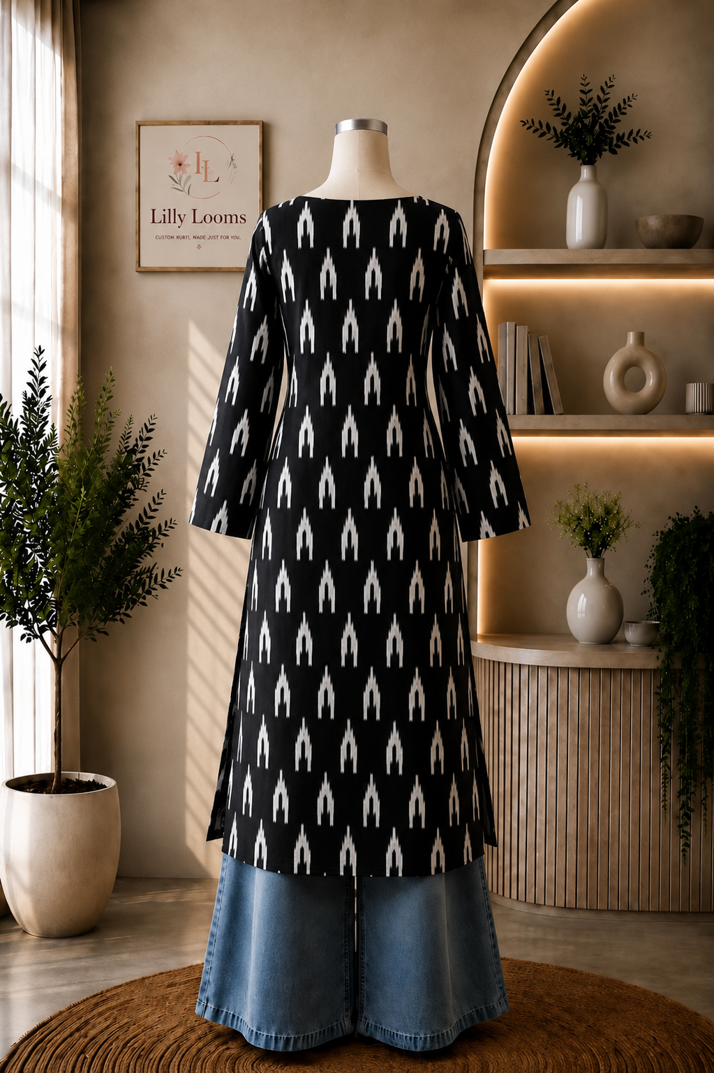 Black Ikkath Printed Cotton Long Straight Kurti