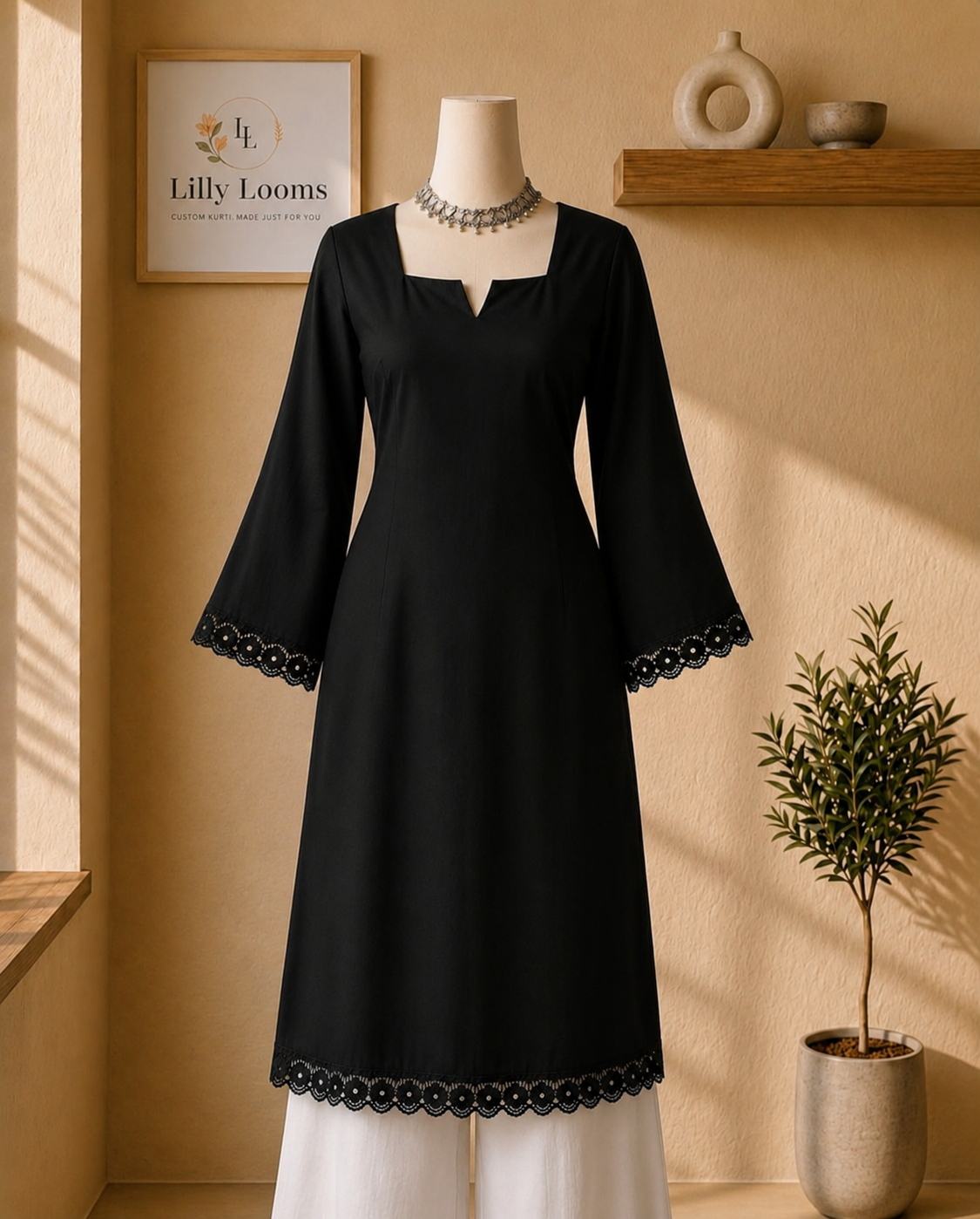 Black Cotton Lace Long Kurti