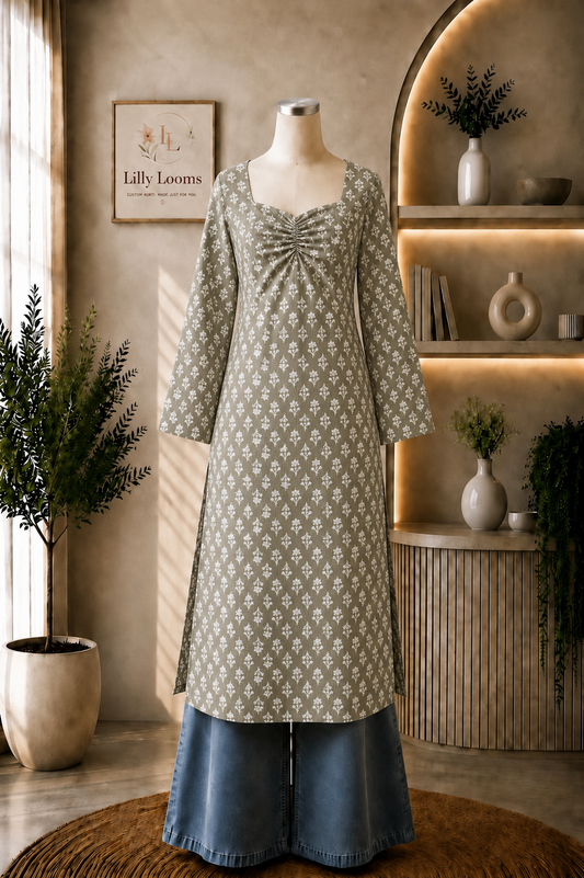 Floral Cotton Kantha Long Straight Kurti