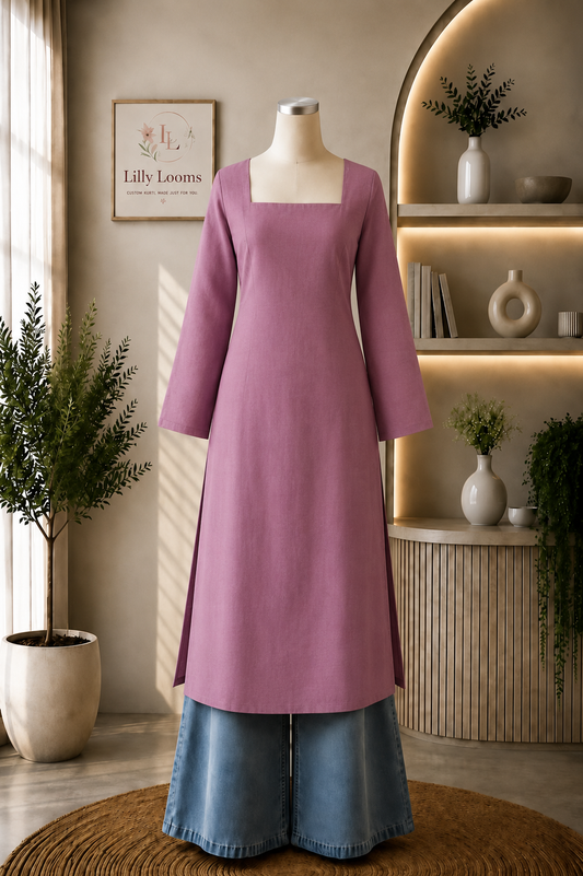 Blush Pink Cotton Long Straight Kurti