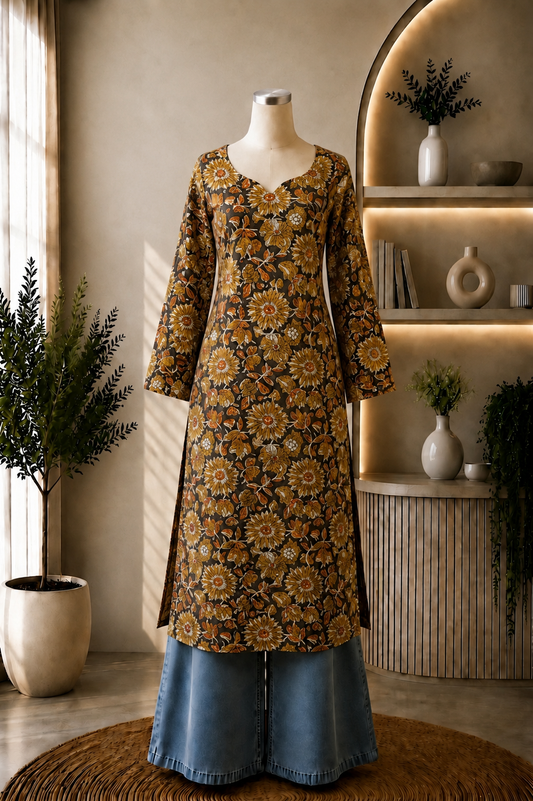 Handblock Kalamkari Printed Cotton Long Straight Kurti