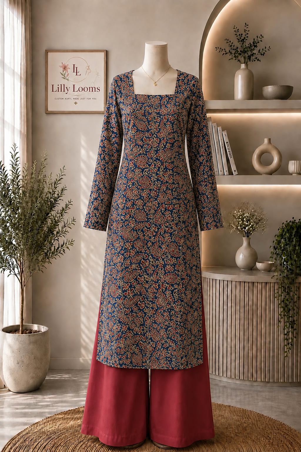 Blue Paisley Cotton Long Straight Kurti