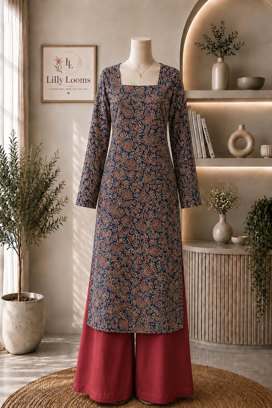 Blue Paisley Cotton Long Straight Kurti