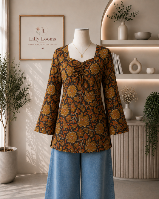 Black Kalamkari Handlock Printed Cotton Short Kurti