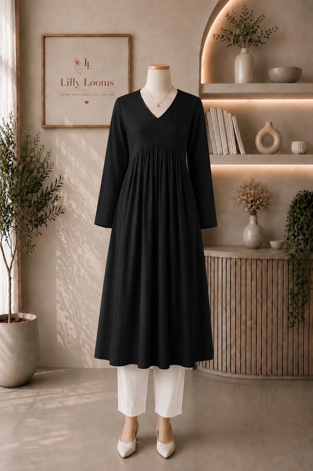 Solid Black Cotton Flex Alia Cut Kurti