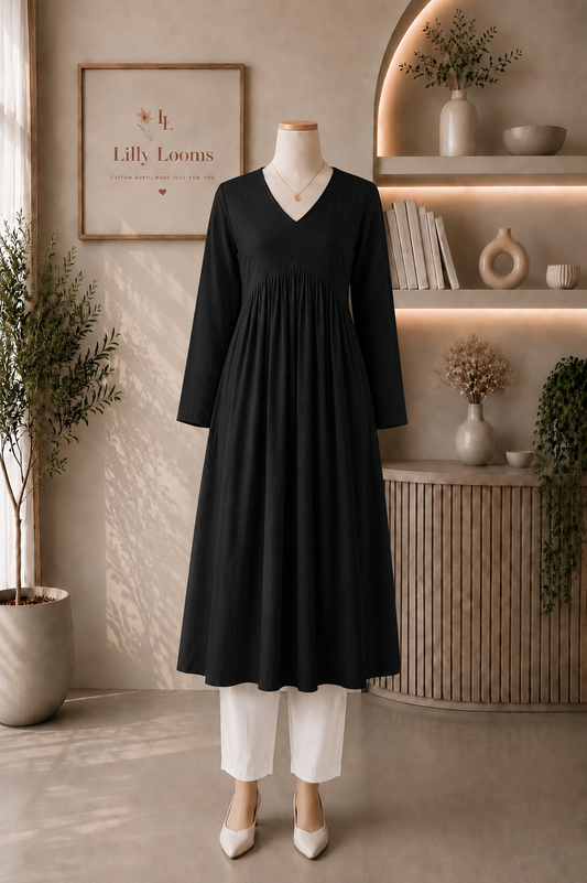 Solid Black Cotton Flex Alia Cut Kurti