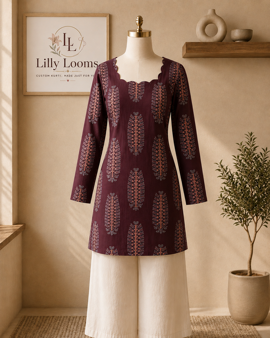 Brown Big Leaf Cotton Short Kurti