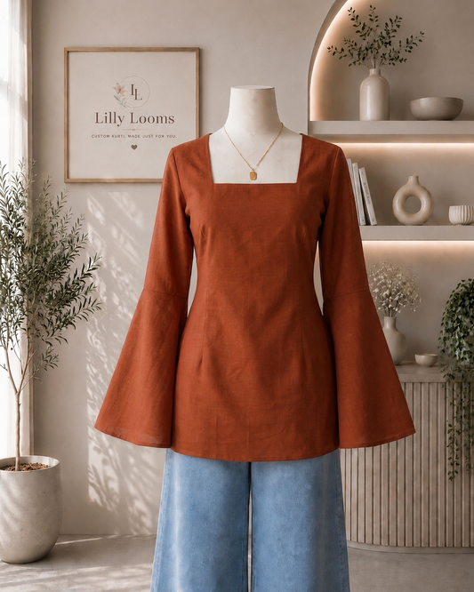 Rust Cotton Short Kurti With Corset Back