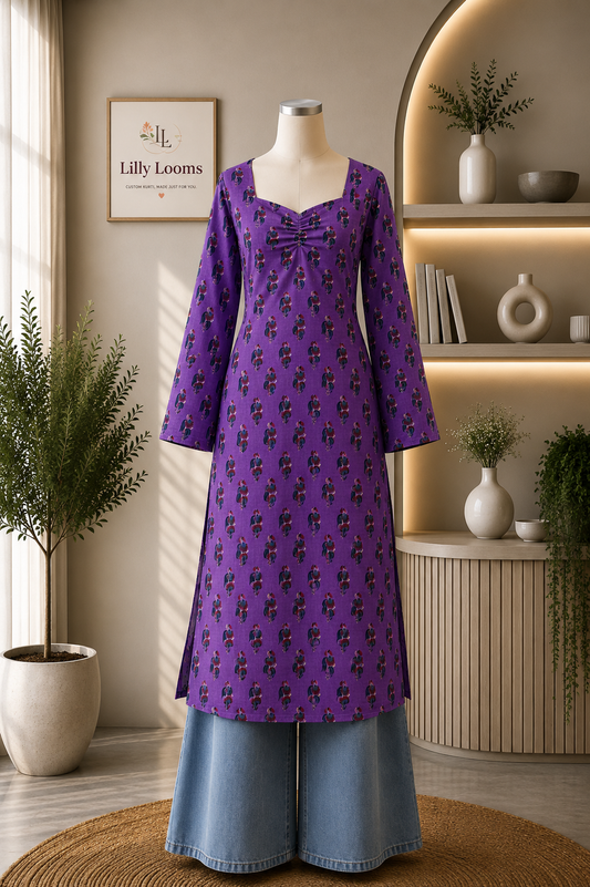 Purple Cotton Long Straight Kurti