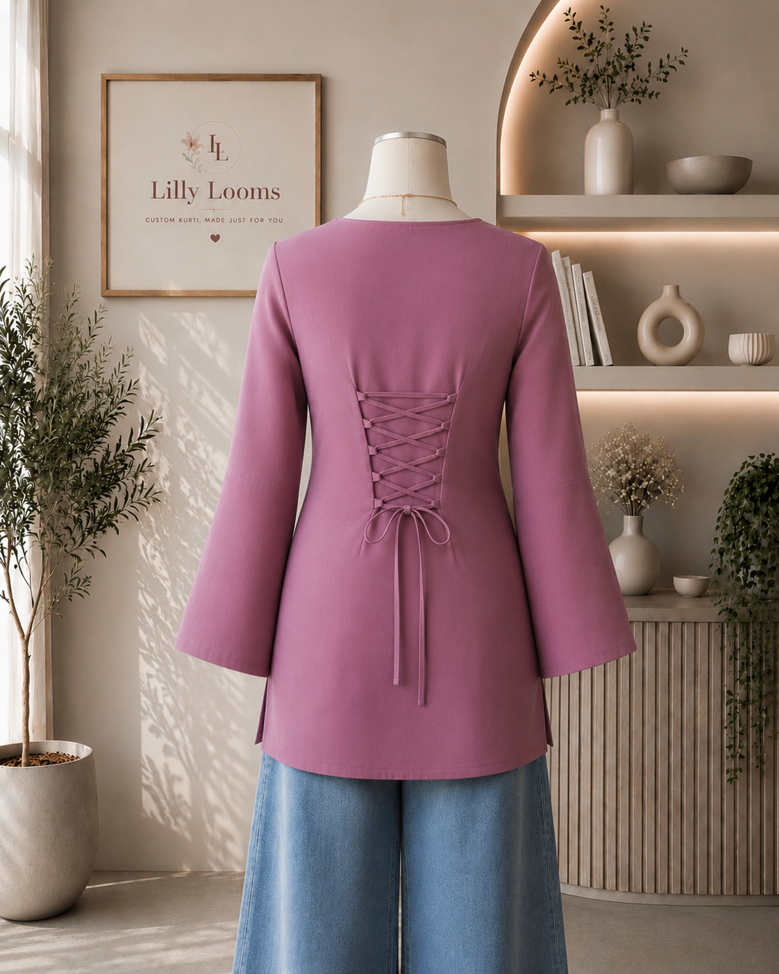 Blush Pink Cotton Short Straight kurti With Corset Back