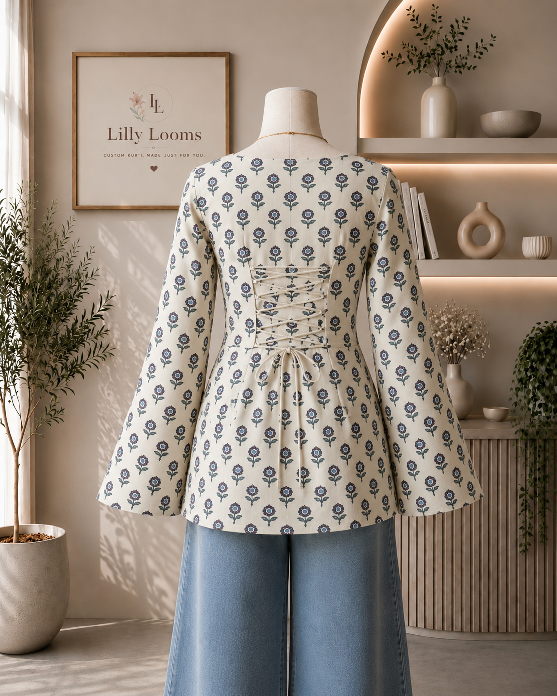White Blue Small Floral Cotton Short Kurti