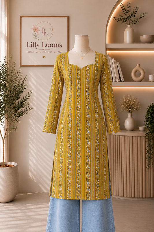 Mustard Stripped Cotton Long Straight Kurti
