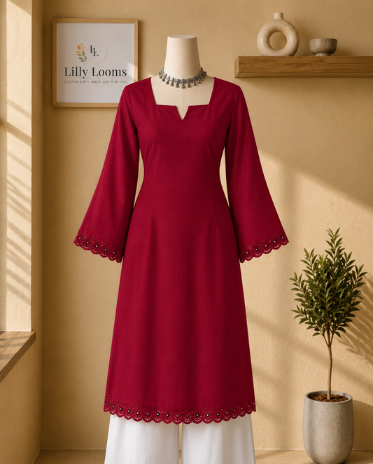 Red Cotton Lace Long Kurti