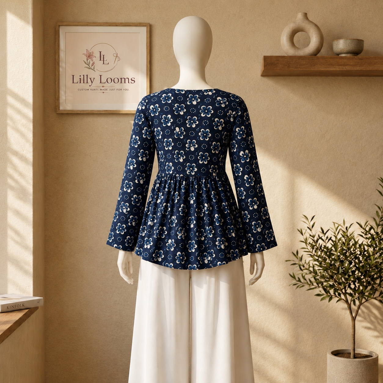 Navy Blue Floral Cotton Peplum Top