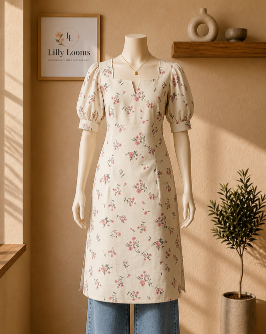 Ivory Blossom Soft Cotton Long Kurti